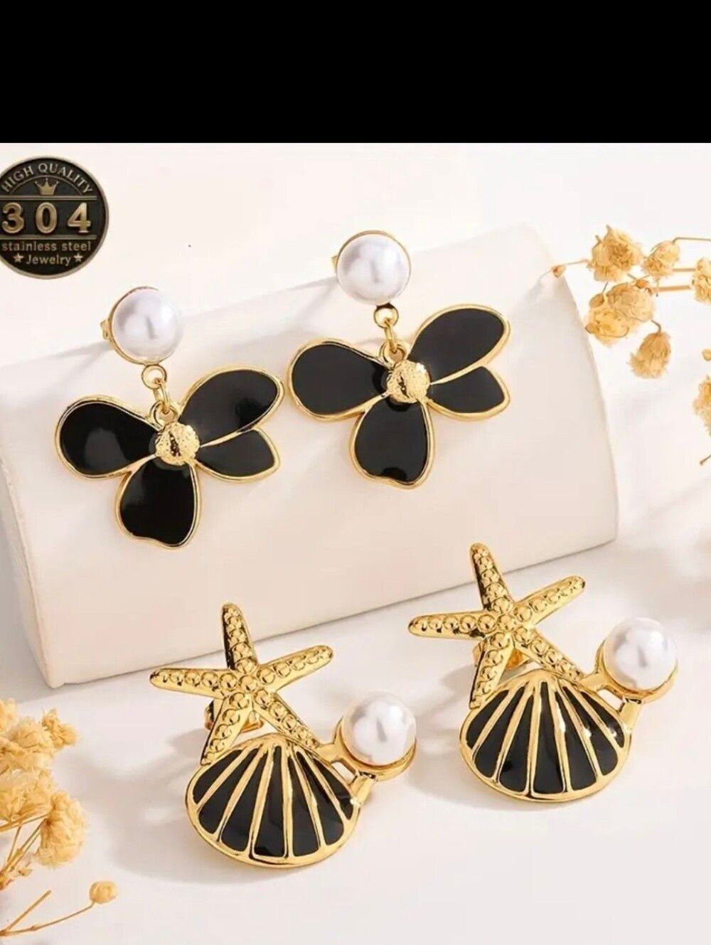 Gold Plated Floral & Seashell Starfish Earrings - 2 Pairs